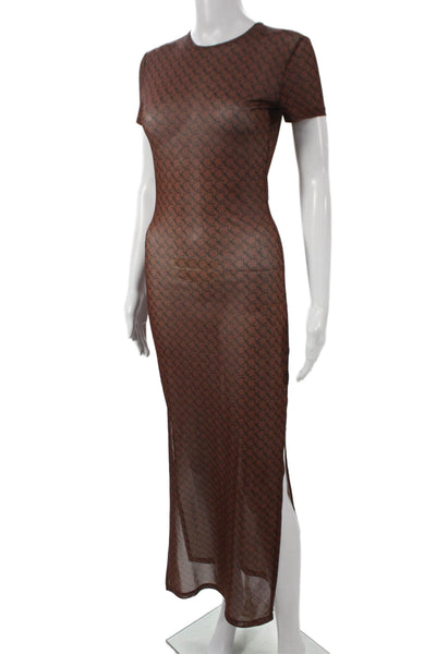 Miaou Women Maxi Geometric Brown Dress Short Sleeve Crew Neck Size XS