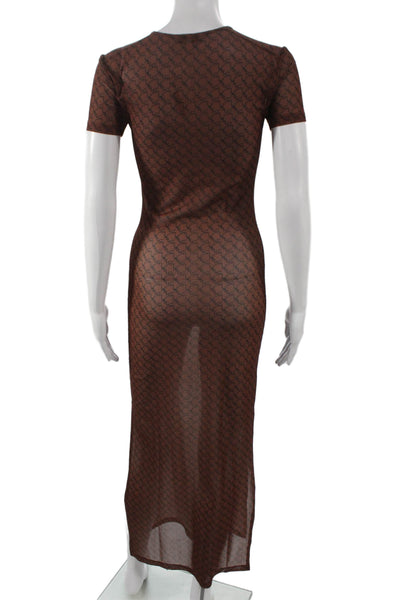 Miaou Women Maxi Geometric Brown Dress Short Sleeve Crew Neck Size XS