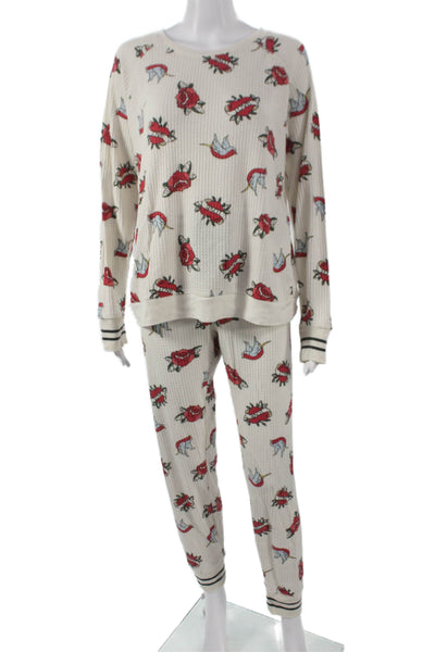 PJ Salvage Womens Waffle Graphic Crew Neck Long Sleeve Pajama Set White Sz L