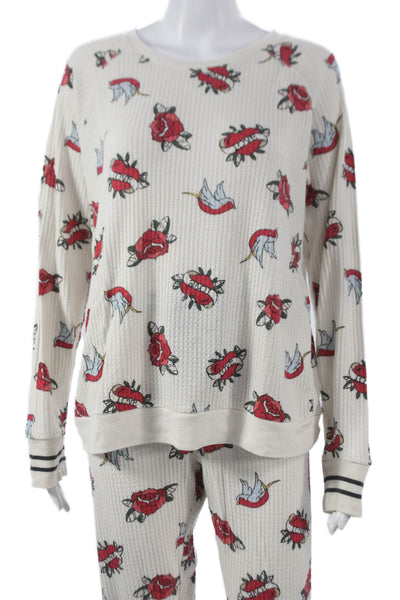 PJ Salvage Womens Waffle Graphic Crew Neck Long Sleeve Pajama Set White Sz L