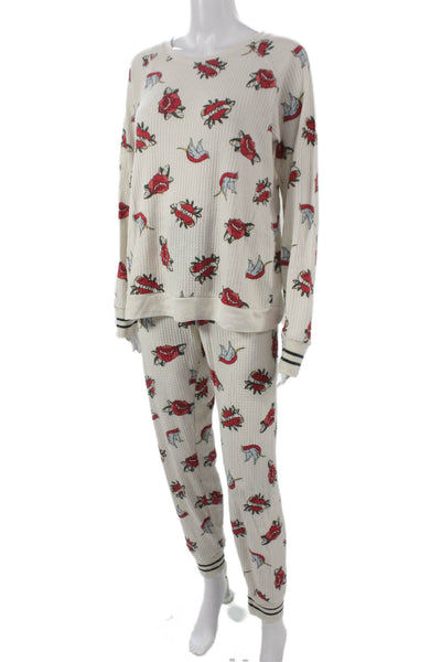 PJ Salvage Womens Waffle Graphic Crew Neck Long Sleeve Pajama Set White Sz L