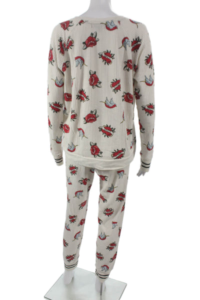 PJ Salvage Womens Waffle Graphic Crew Neck Long Sleeve Pajama Set White Sz L