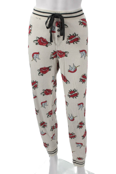 PJ Salvage Womens Waffle Graphic Crew Neck Long Sleeve Pajama Set White Sz L