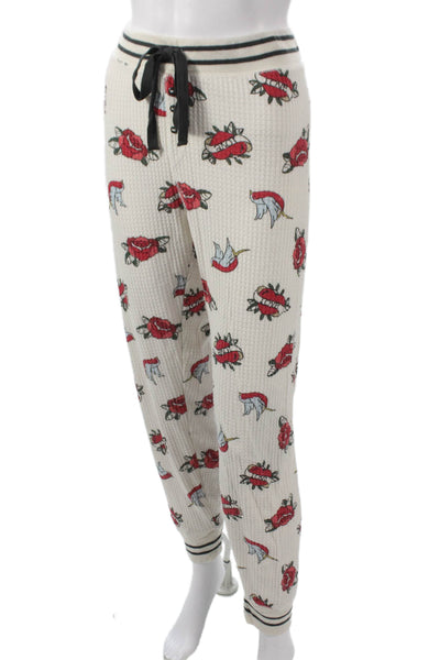 PJ Salvage Womens Waffle Graphic Crew Neck Long Sleeve Pajama Set White Sz L