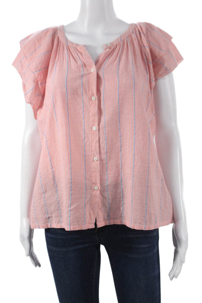 Lilla P Women Striped V-Neck Cotton Button Blouse Short Sleeve Pink Size L