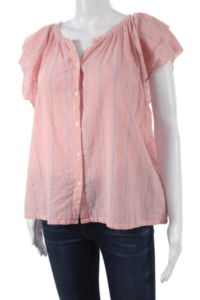 Lilla P Women Striped V-Neck Cotton Button Blouse Short Sleeve Pink Size L