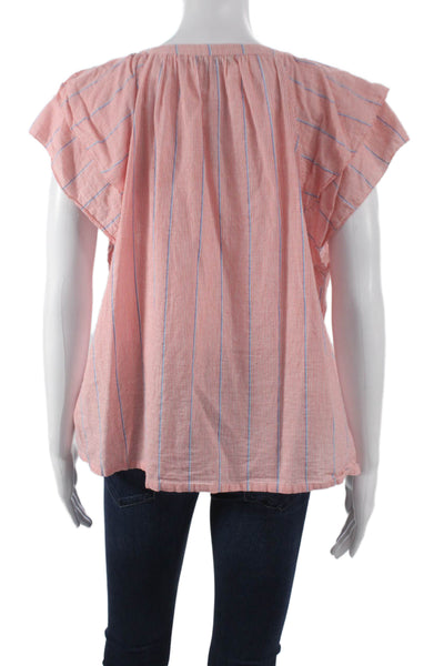Lilla P Women Striped V-Neck Cotton Button Blouse Short Sleeve Pink Size L