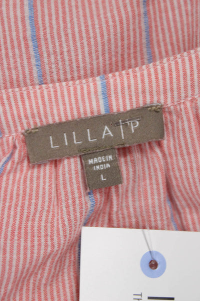 Lilla P Women Striped V-Neck Cotton Button Blouse Short Sleeve Pink Size L