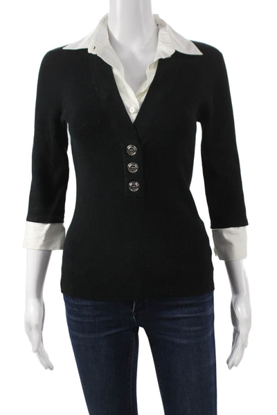 Worth Women Collared Cotton Pullover Sweater Black 3/4 Sleeve Size S