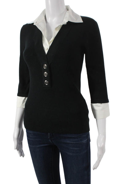 Worth Women Collared Cotton Pullover Sweater Black 3/4 Sleeve Size S