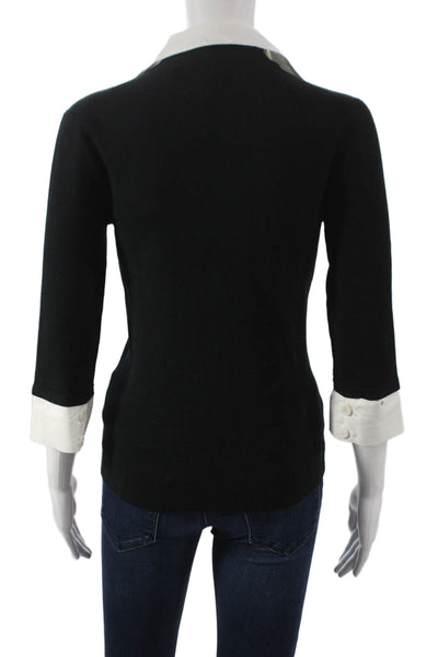 Worth Women Collared Cotton Pullover Sweater Black 3/4 Sleeve Size S