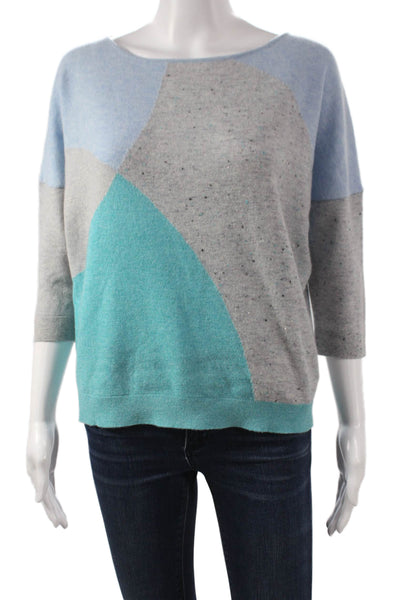 Kinross Cashmere Womens Pullover Blue Geometric Boatneck 3/4 Sleeve Size S