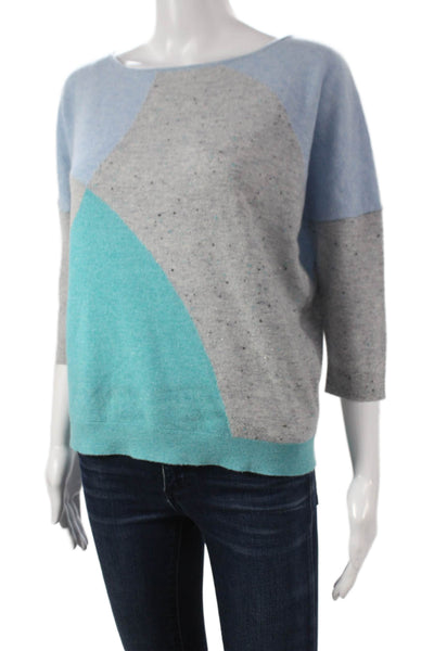 Kinross Cashmere Womens Pullover Blue Geometric Boatneck 3/4 Sleeve Size S