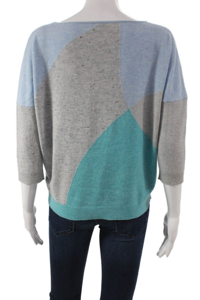 Kinross Cashmere Womens Pullover Blue Geometric Boatneck 3/4 Sleeve Size S