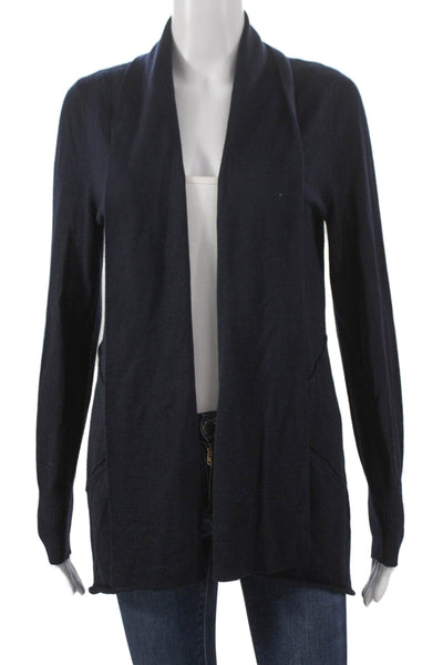 Elie Tahari Women Cardigan Blue Merino Wool Collared Solid Long Sleeve Size L