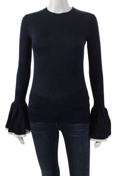 Adam Lippes Women Merino Wool Blue Pullover Long Sleeve Round Neck Size XS