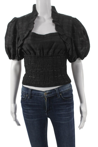 C/MEO Collective Women Cropped Black Plaid Mock Neck Short Sleeve Blouse Size S