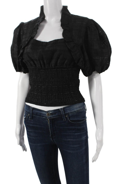 C/MEO Collective Women Cropped Black Plaid Mock Neck Short Sleeve Blouse Size S
