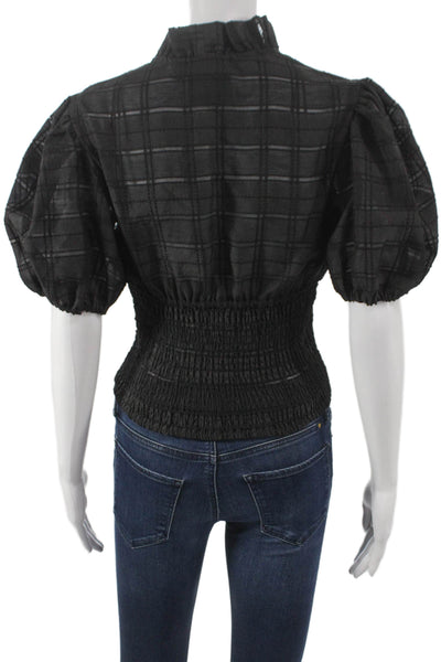 C/MEO Collective Women Cropped Black Plaid Mock Neck Short Sleeve Blouse Size S