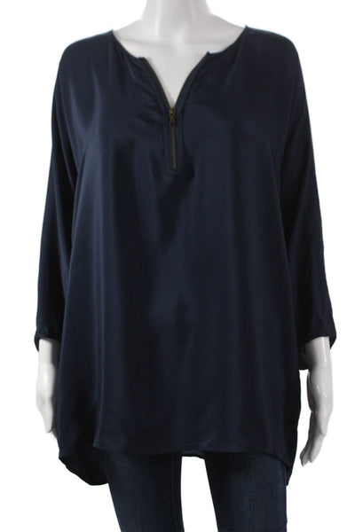 Vince Womens Silk V-Neck Tunic Blouse Blue Long Sleeve Zip Size L