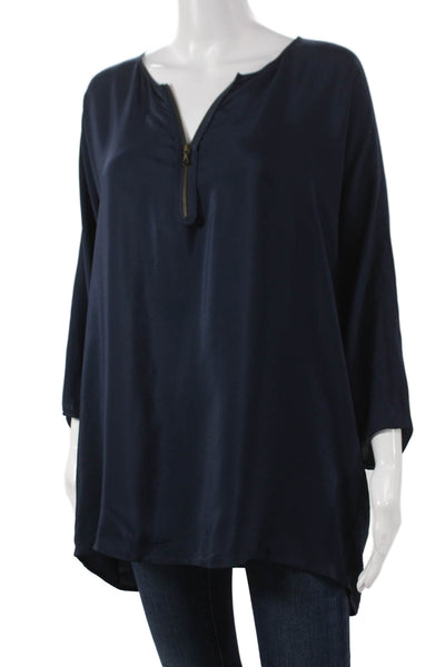 Vince Womens Silk V-Neck Tunic Blouse Blue Long Sleeve Zip Size L