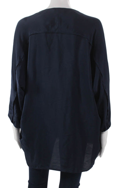 Vince Womens Silk V-Neck Tunic Blouse Blue Long Sleeve Zip Size L