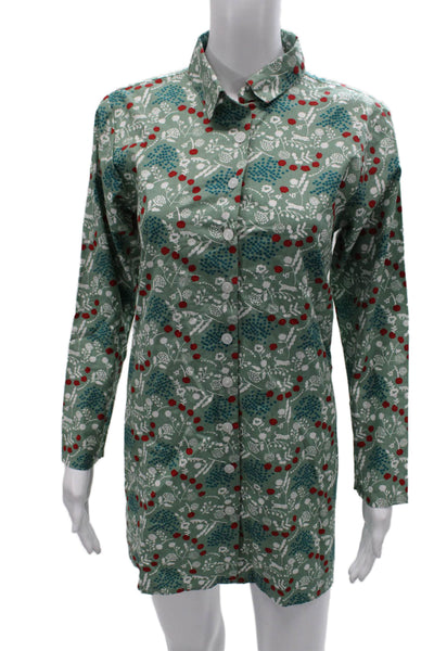 Tulip Womens Shirt Dress Floral Green Cotton Long Sleeve Button Up Size XS