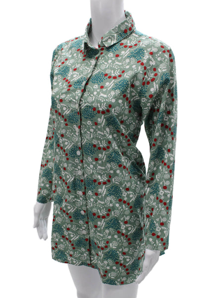 Tulip Womens Shirt Dress Floral Green Cotton Long Sleeve Button Up Size XS