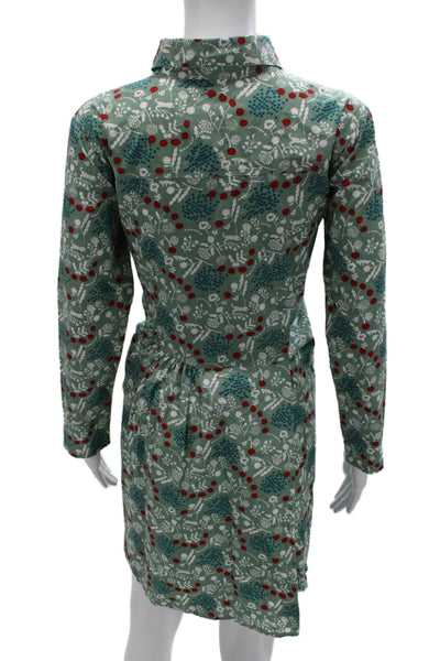 Tulip Womens Shirt Dress Floral Green Cotton Long Sleeve Button Up Size XS