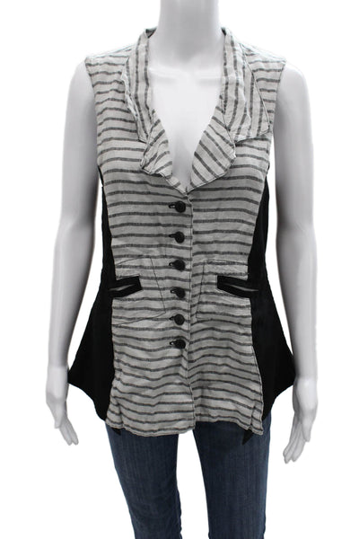Cynthia Ashby Womens Linen V Neck Striped Sleeveless Vest Button Gray Size XS