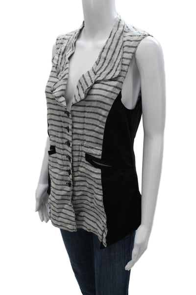 Cynthia Ashby Womens Linen V Neck Striped Sleeveless Vest Button Gray Size XS