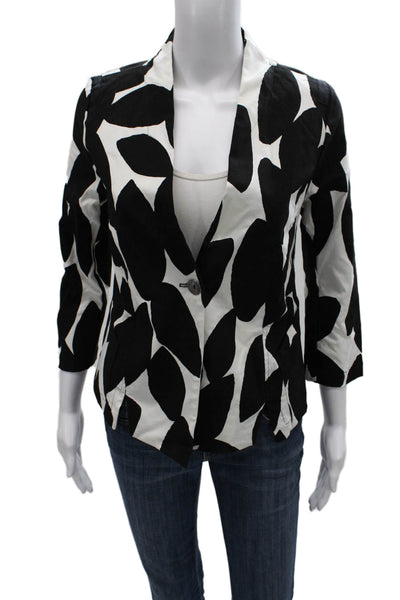 Porto Women Black Geometric Viscose Blazer 3/4 Sleeve Button Size 1