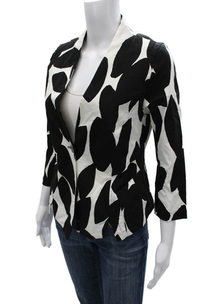 Porto Women Black Geometric Viscose Blazer 3/4 Sleeve Button Size 1