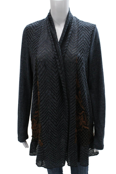 High Secret Women Cardigan Blue Acrylic Herringbone Collared Long Sleeve Size S