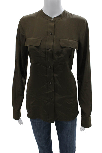 Vince Women Silk Collared Button-Up Long Sleeve Solid Green Basic Size 4