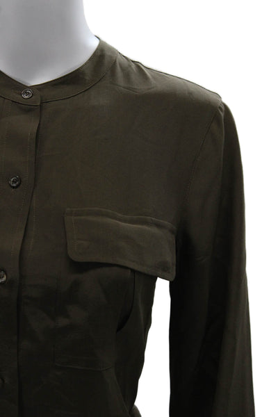 Vince Women Silk Collared Button-Up Long Sleeve Solid Green Basic Size 4