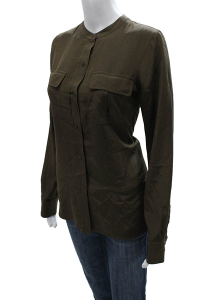 Vince Women Silk Collared Button-Up Long Sleeve Solid Green Basic Size 4
