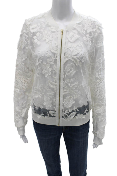 T Tahari Women Bomber Jacket White Floral Zip Polyester Long Sleeve Size S