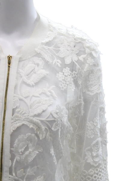 T Tahari Women Bomber Jacket White Floral Zip Polyester Long Sleeve Size S