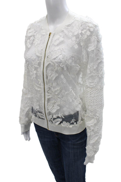 T Tahari Women Bomber Jacket White Floral Zip Polyester Long Sleeve Size S