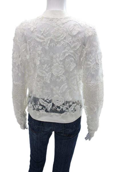 T Tahari Women Bomber Jacket White Floral Zip Polyester Long Sleeve Size S