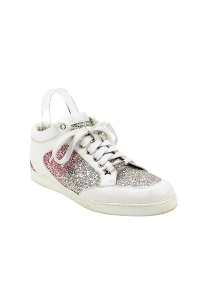 Jimmy Choo Womens Leather Glittery Ombre Sneakers Shoes White Pink Size 10