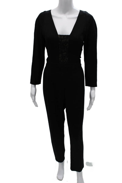 Black Halo Women Jumpsuit Black V Neck Long Sleeve Zip Polyamide Size 10