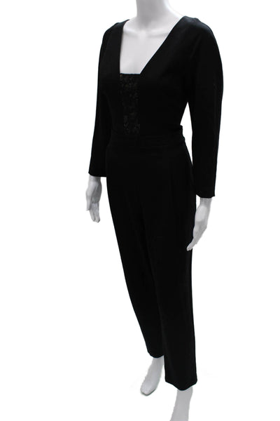 Black Halo Women Jumpsuit Black V Neck Long Sleeve Zip Polyamide Size 10