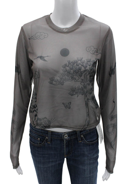 sundae school Womens Basic Printed Gray Long Sleeve T Shirt Crew Neck Size M