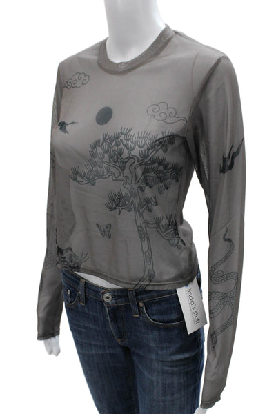 sundae school Womens Basic Printed Gray Long Sleeve T Shirt Crew Neck Size M