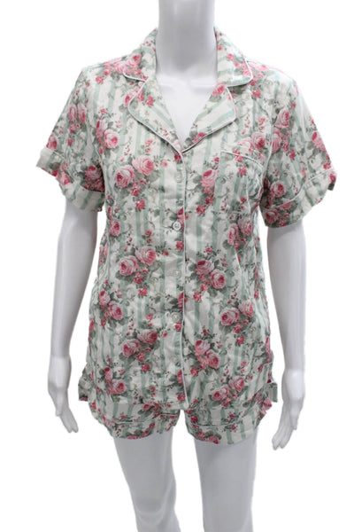 Posh Peanut Womens Striped Floral Pajama Set Green Size S