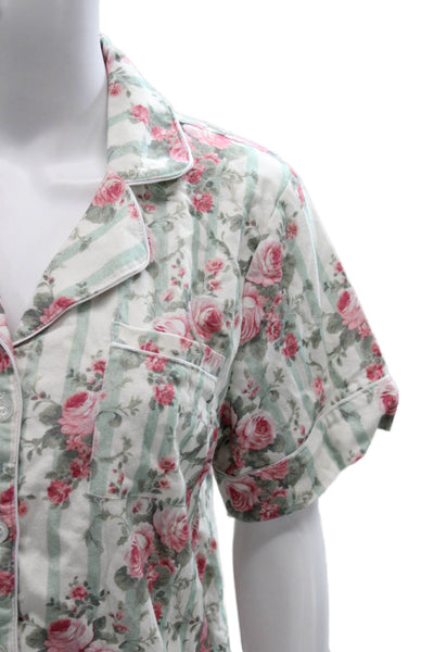 Posh Peanut Womens Striped Floral Pajama Set Green Size S