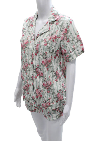 Posh Peanut Womens Striped Floral Pajama Set Green Size S