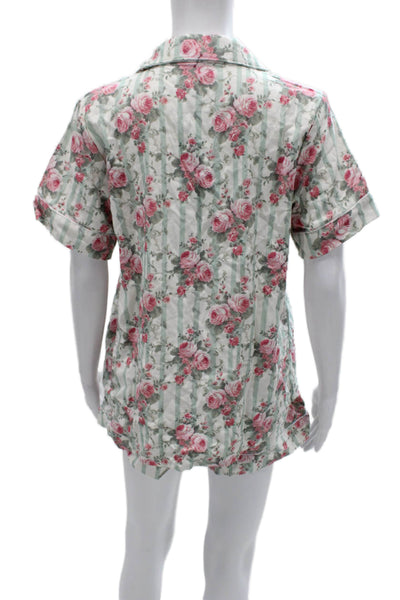 Posh Peanut Womens Striped Floral Pajama Set Green Size S